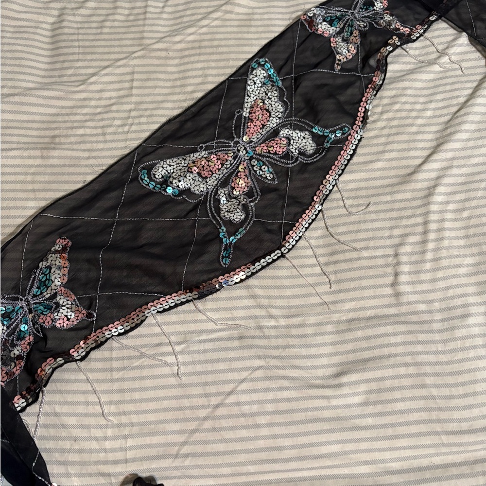 Black Sheer Scarf with Sequin Butterfly Design
